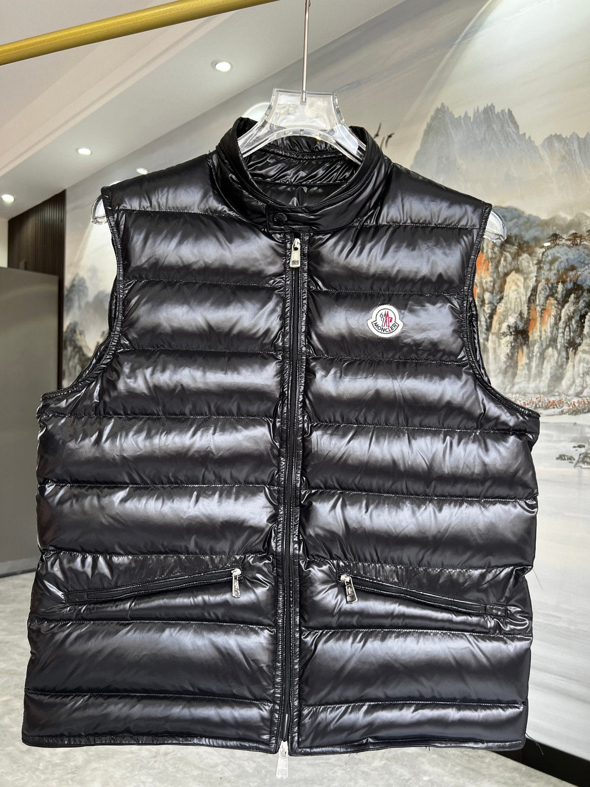 Moncler Puffer Vest in Black with Glossy Finish and Stand Collar