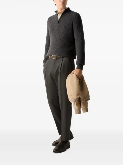 Zegna dark grey mélange Oasi cashmere zip mock sweater