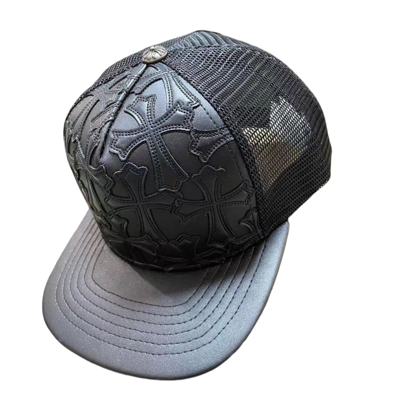 Chrome Hearts Cemetary Cross Leather Stitched Trucker Hat