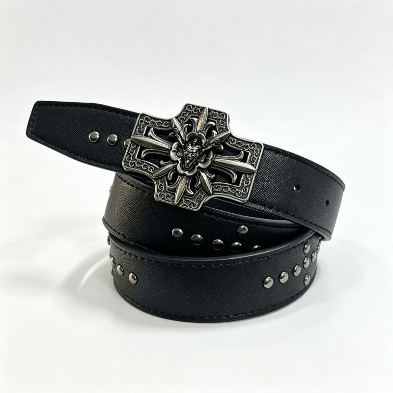 Chrome Hearts Knight Sword Cross Studded Leather Belt Punk Waist Belt