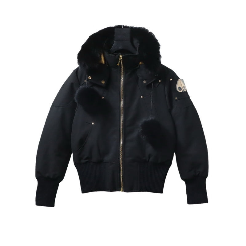Moose Knuckles Black Hooded Bomber Jacket with Pom-Pom Trim