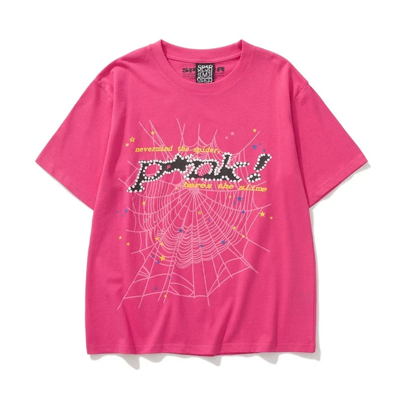 Sp5der Black Pixel Logo & Spider Web Graphic Hot Pink Short Sleeve T-Shirt