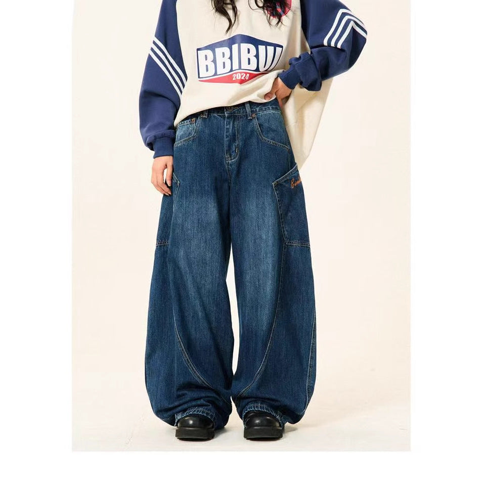 Y2k Vintage Washed Big Pocket Curved Baggy Wide Leg Jeans Streetwear