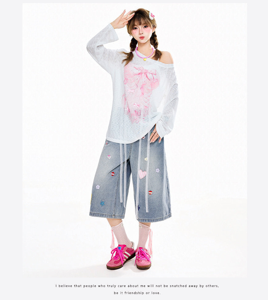 Heart Star Patch Capri Denim Shorts Loose Wide Leg Baggy Cropped Jeans