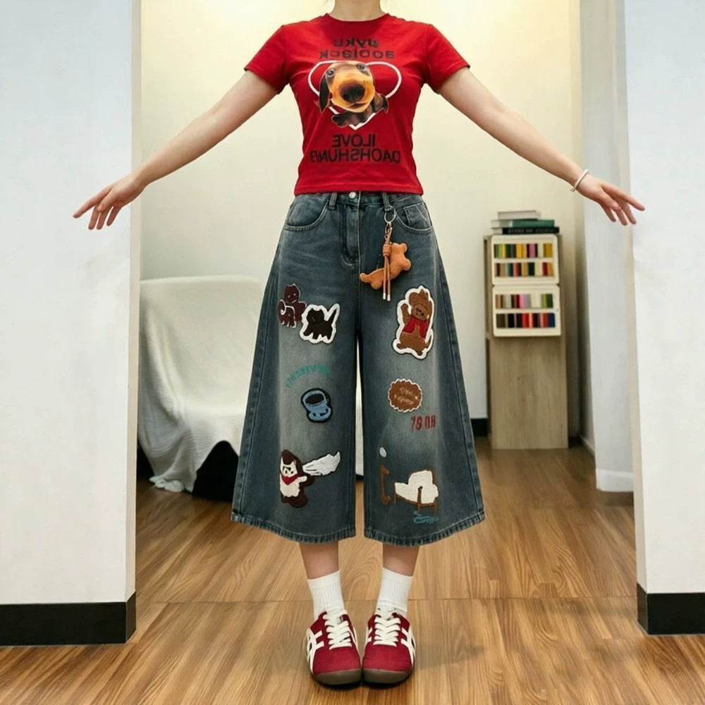 Cartoon Patch Embroidery Cropped Wide Leg Washed Denim Culottes