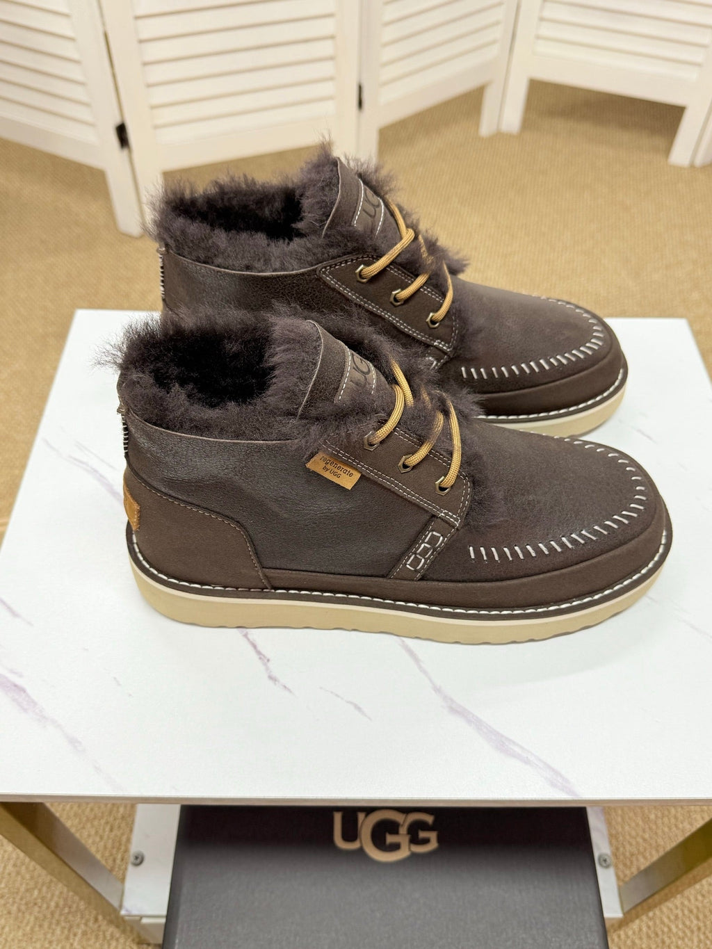 UGG Dark Brown Waxed Leather Shearling Boots