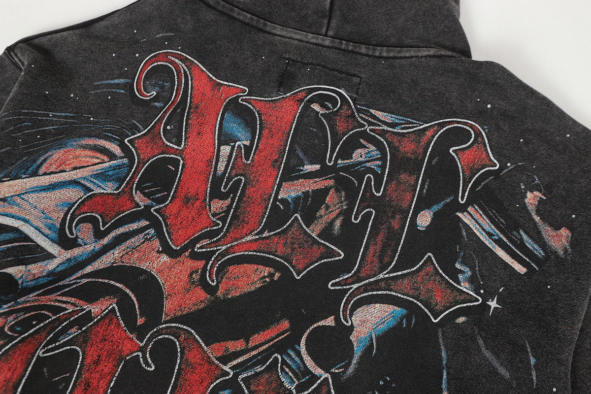 Godspeed Astronaut Skull Graphic Washed Raw Hem Hoodie