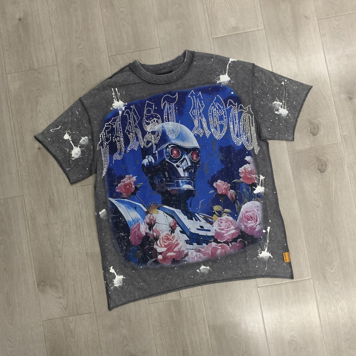 FIRST ROW Washed Grey Front & Back Graphic T-Shirt