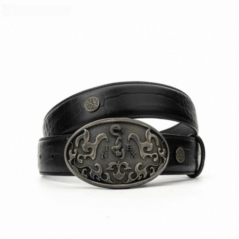 Croc Grain Leather Belt Vintage Oval Metal Buckle Replaceable Waist