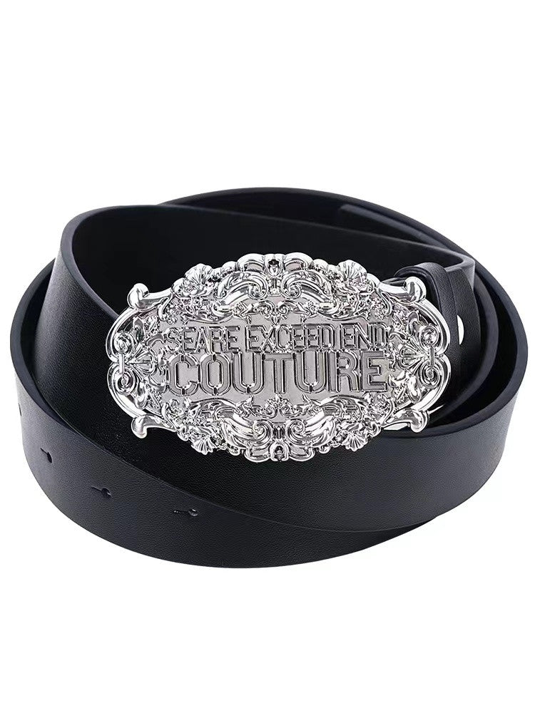 Startexceedend Leather Belt Silver Ornate Logo Metal Buckle Waist Belt
