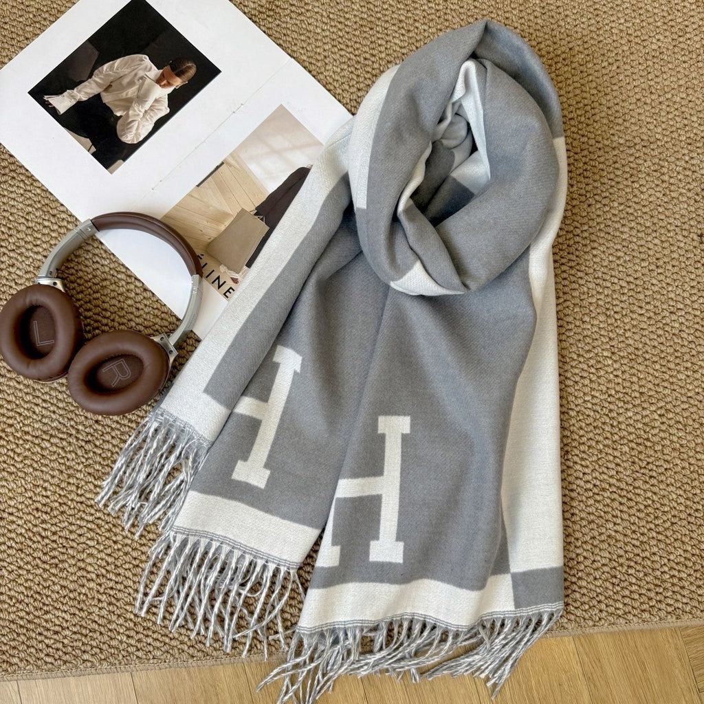 Hermes Fringed Color-Block Letter-Motif Scarf