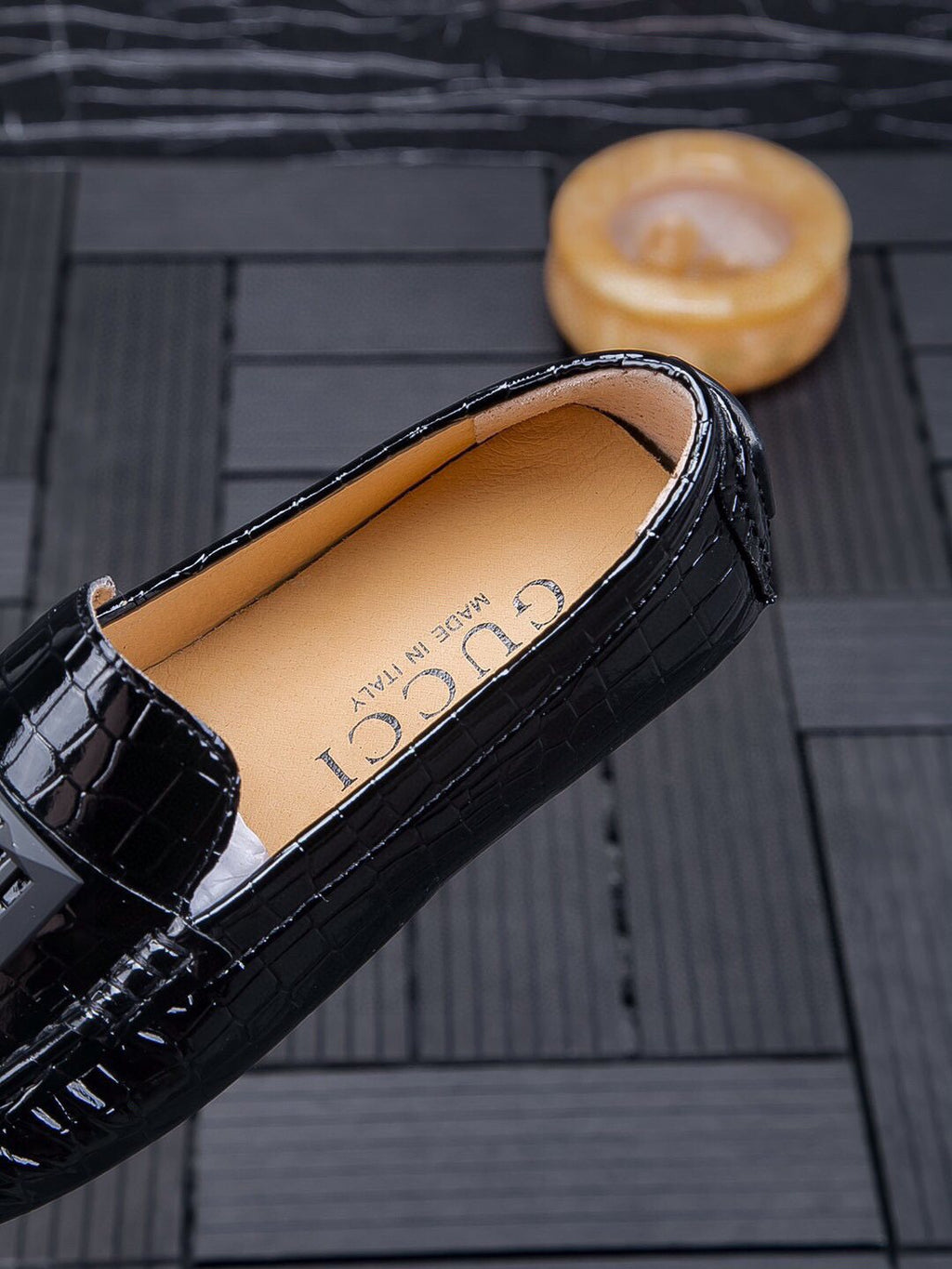 Gucci Black Crocodile-Pattern Loafers