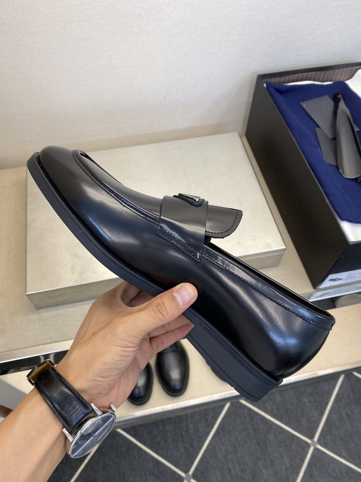 Prada Black Triangle Plaque Loafers