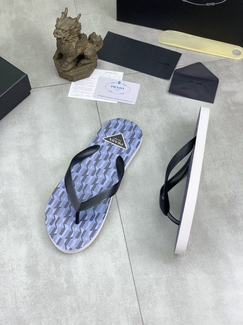 Prada Geometric Thong Flip-Flops - Lavender Blue and Black
