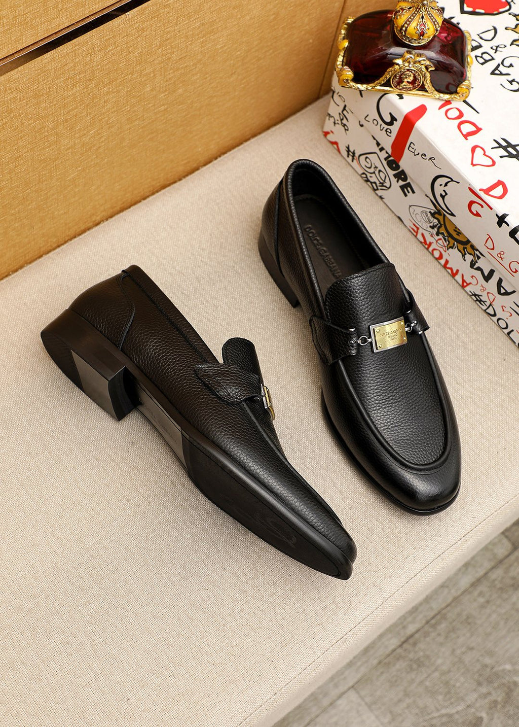 Dolce & Gabbana Men’s Black Gold-Tone Buckle Loafers
