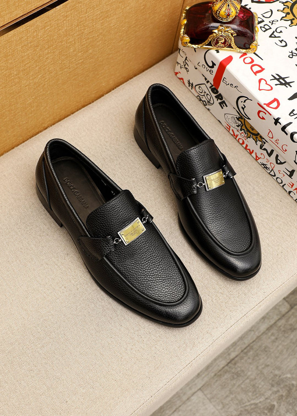 Dolce & Gabbana Men’s Black Gold-Tone Buckle Loafers