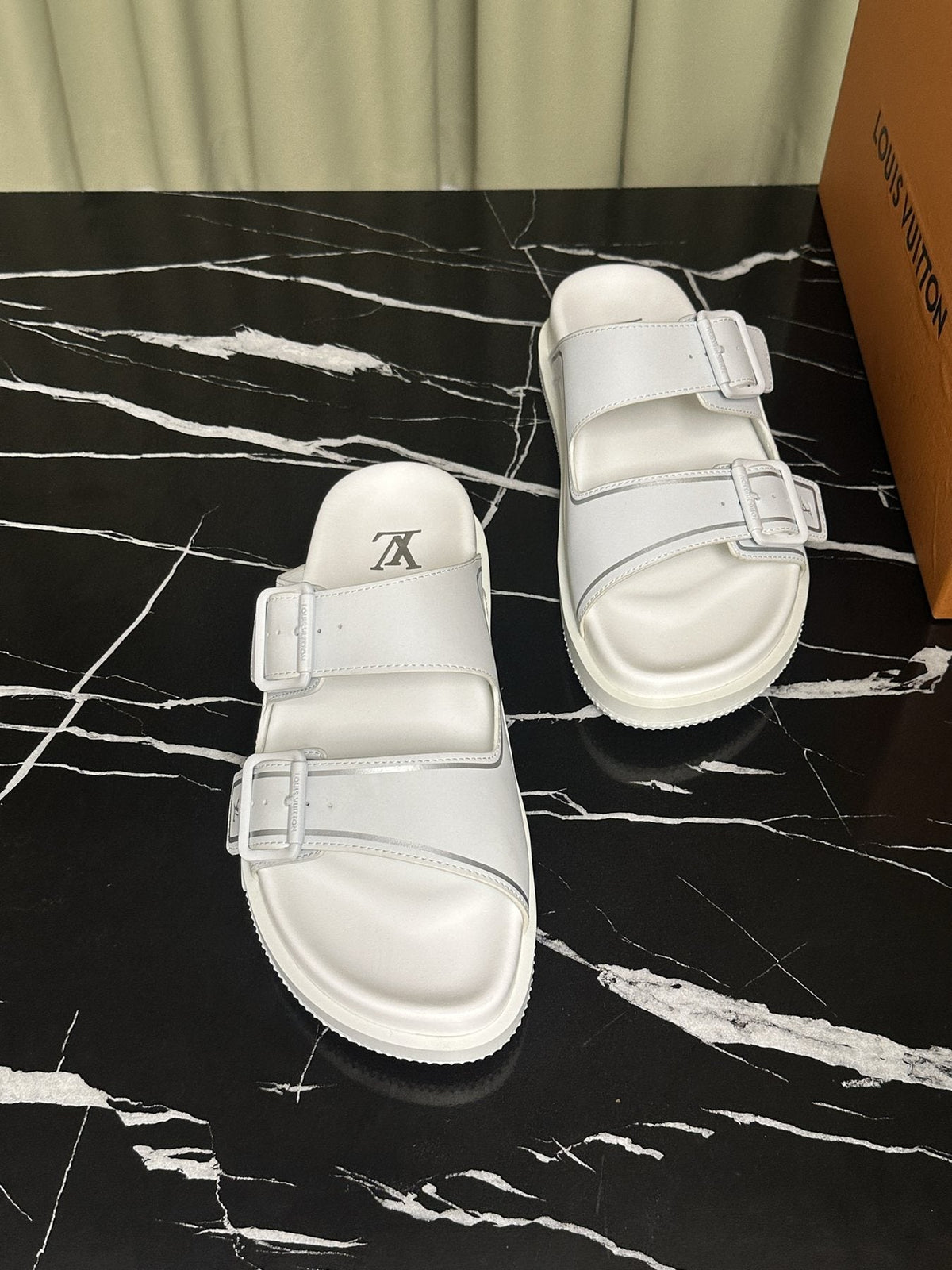 Louis Vuitton Men's White Double-Buckle Slide Sandals