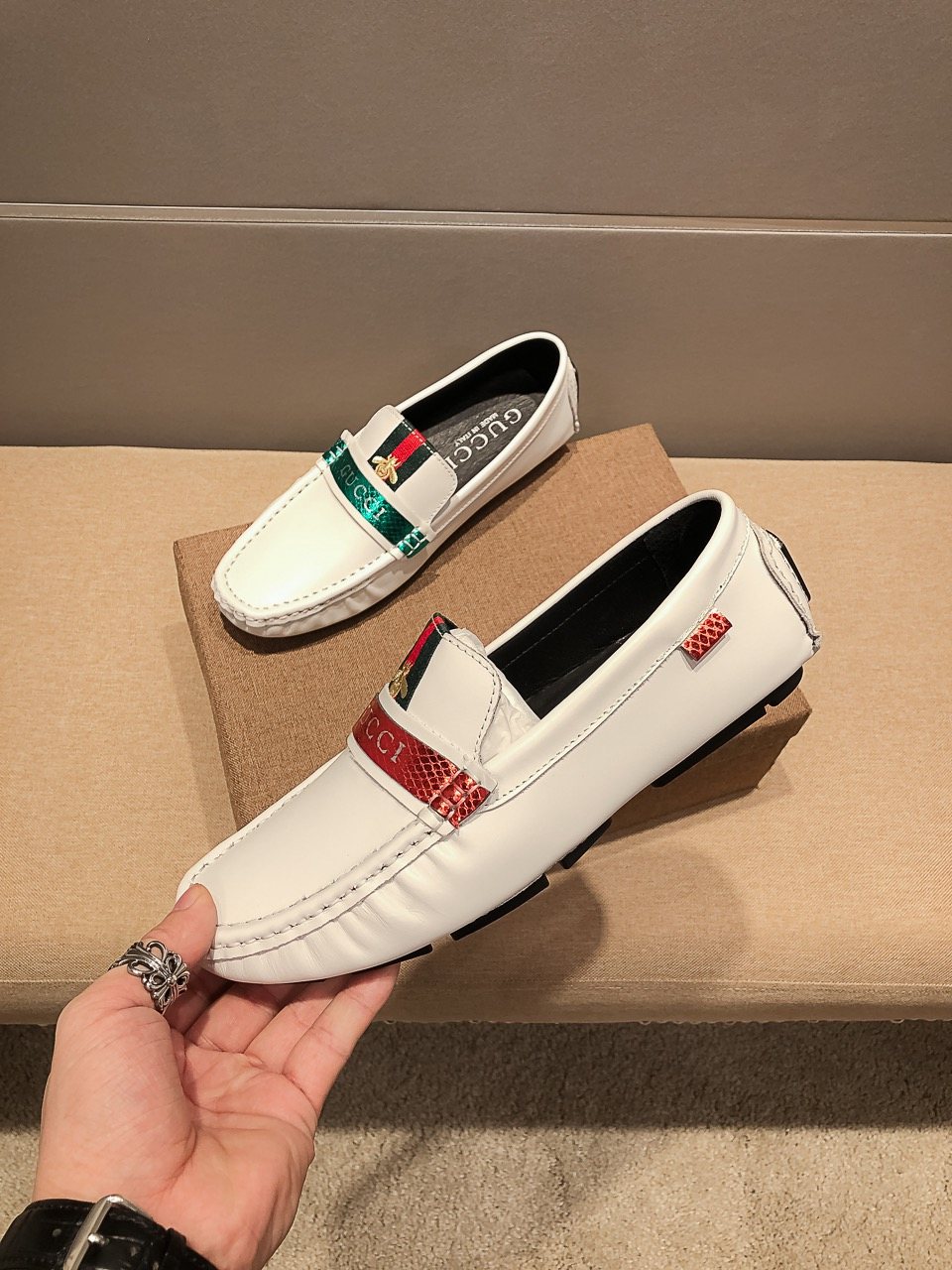 Gucci White Web-Stripe Loafers