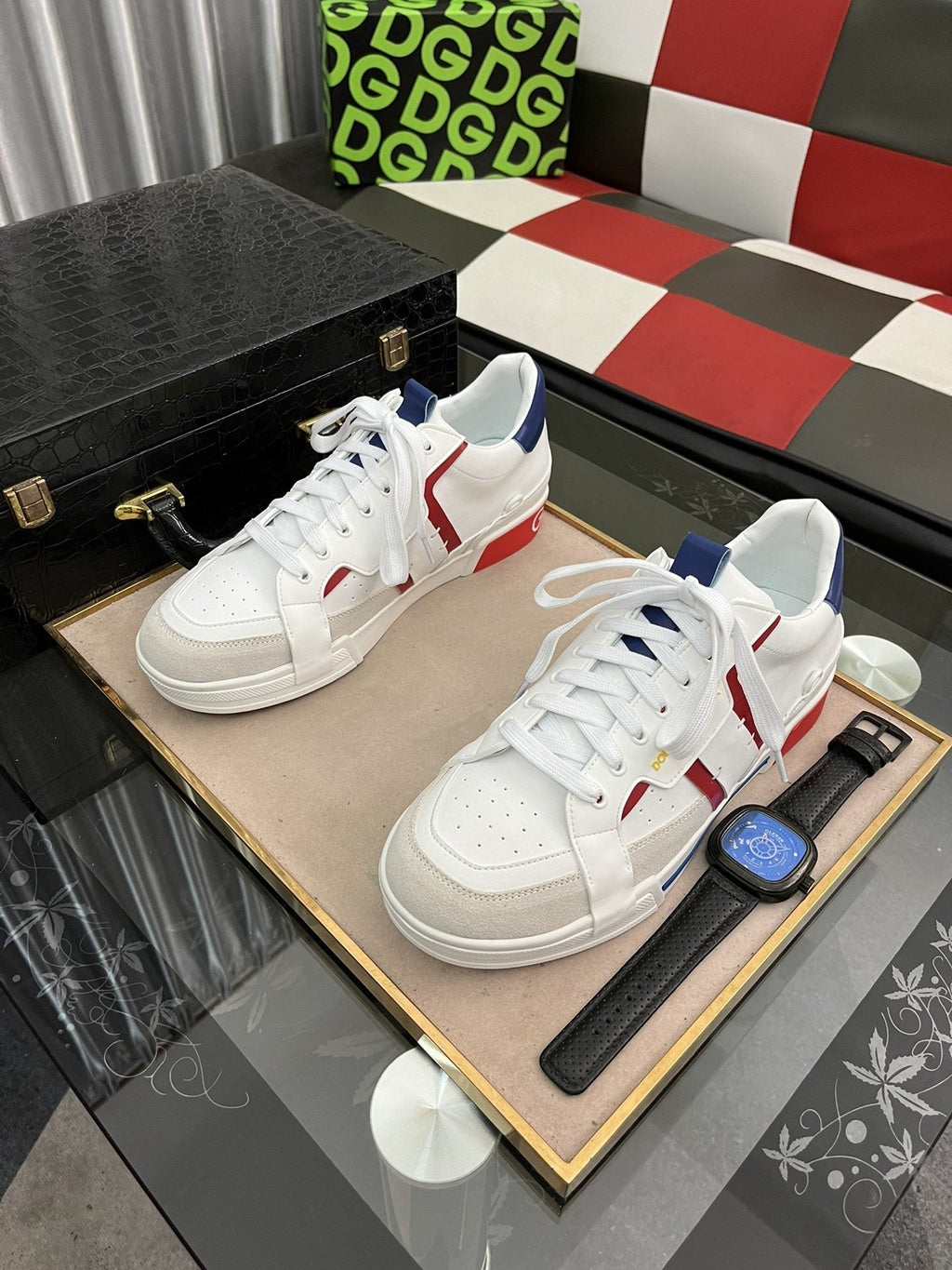 Men's White Low-Top Sneakers with Red and Navy Accents