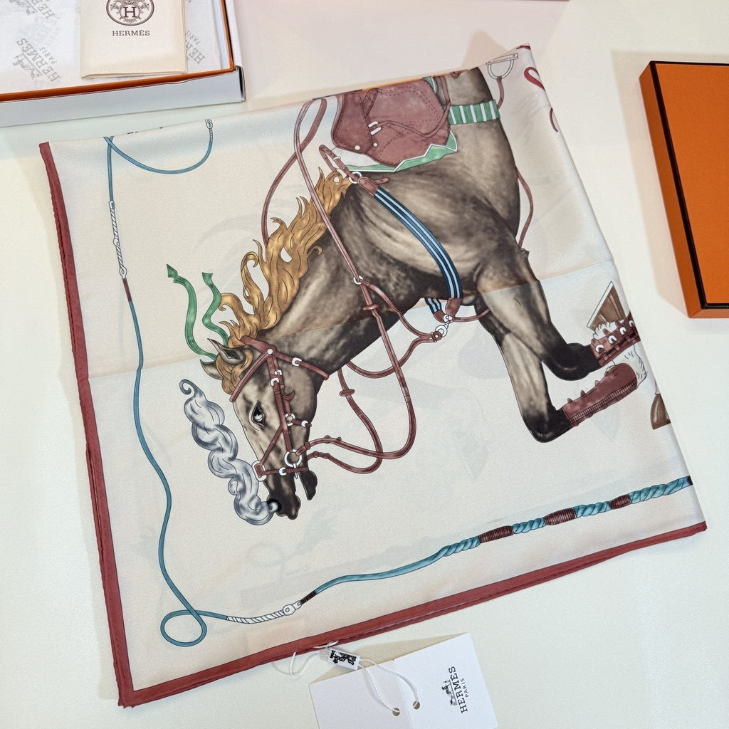 Hermès Cream Equestrian Silk Square Scarf