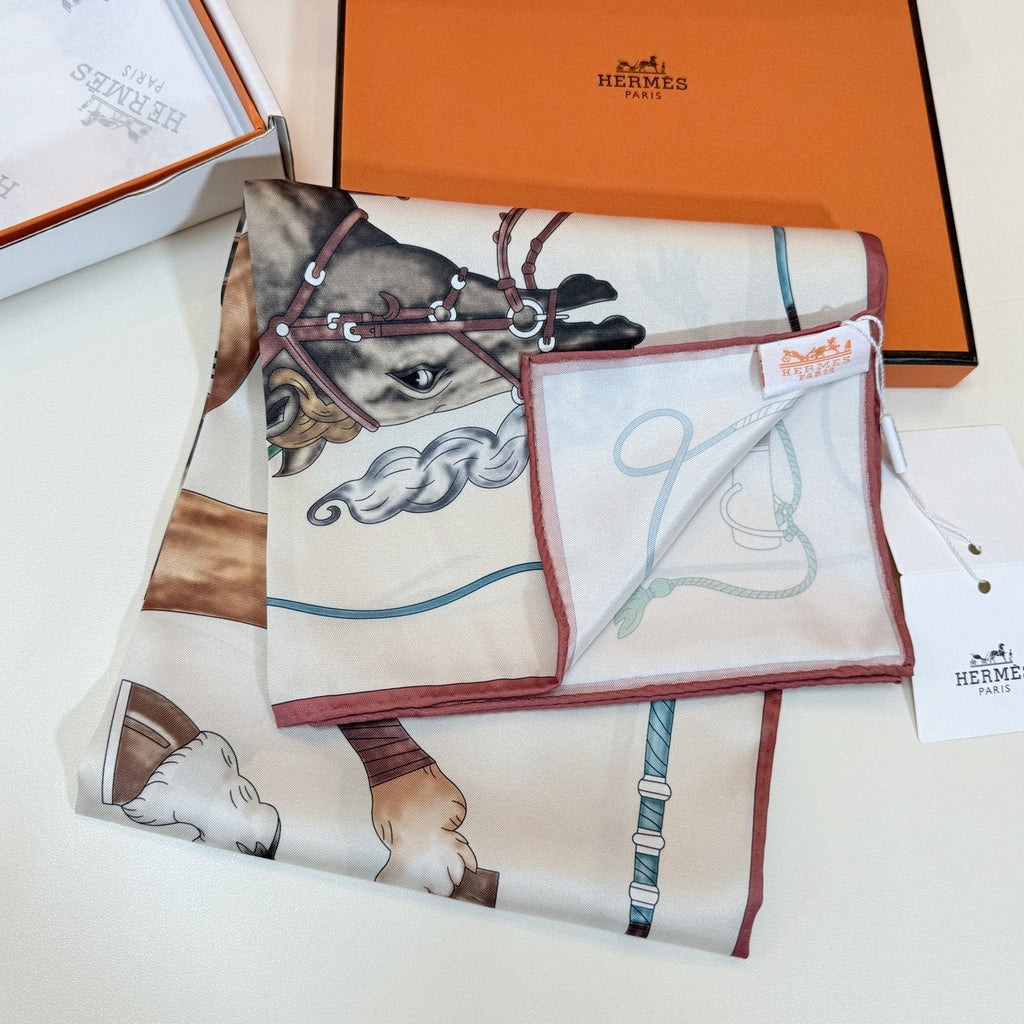 Hermès Cream Equestrian Silk Square Scarf