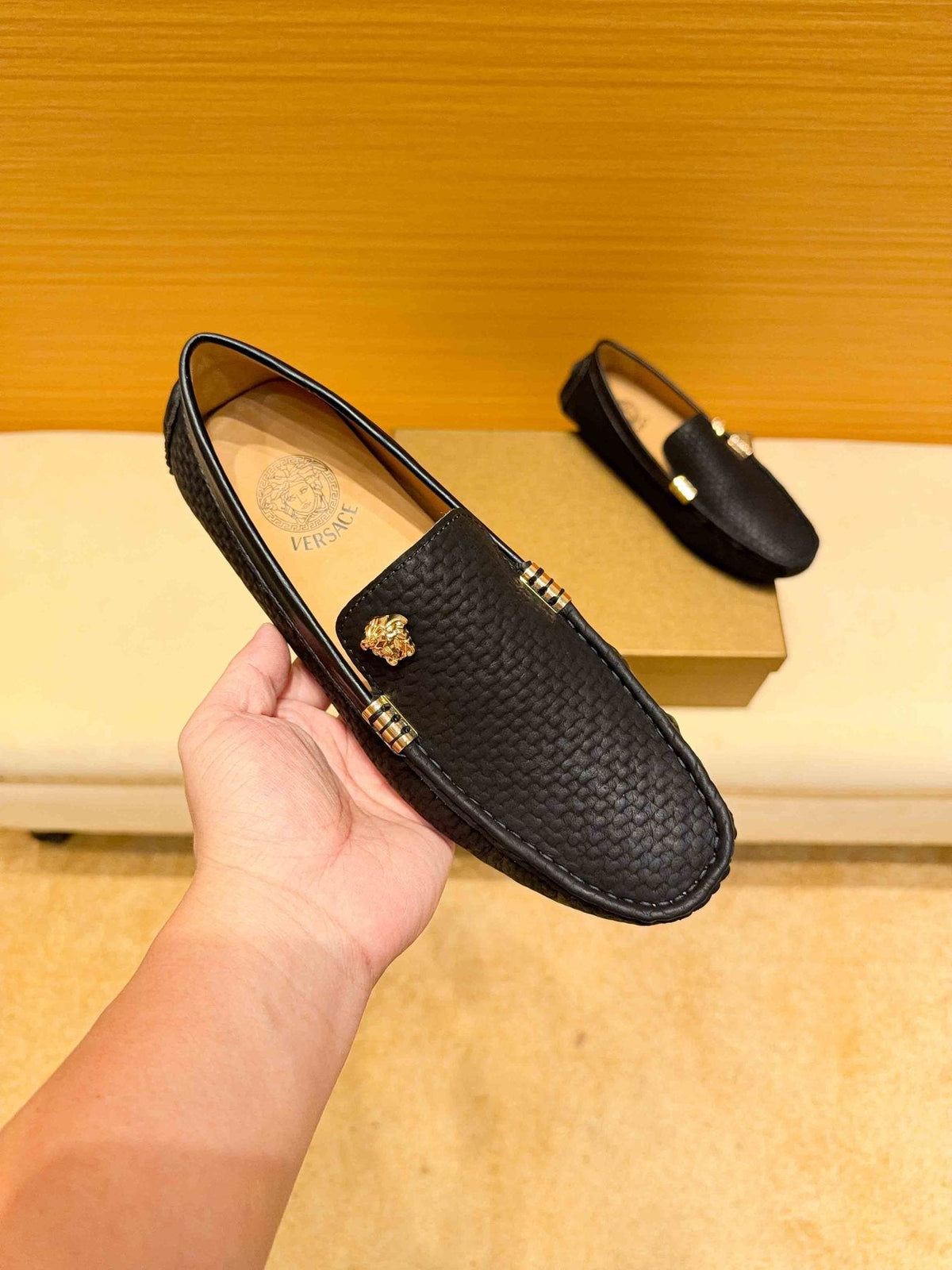 Versace Textured Leather Driving Loafers