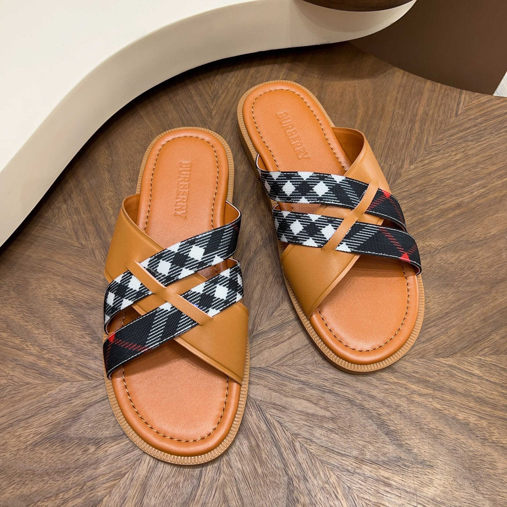 Burberry Plaid Cross-Strap Slide Sandals - Contoured Footbed