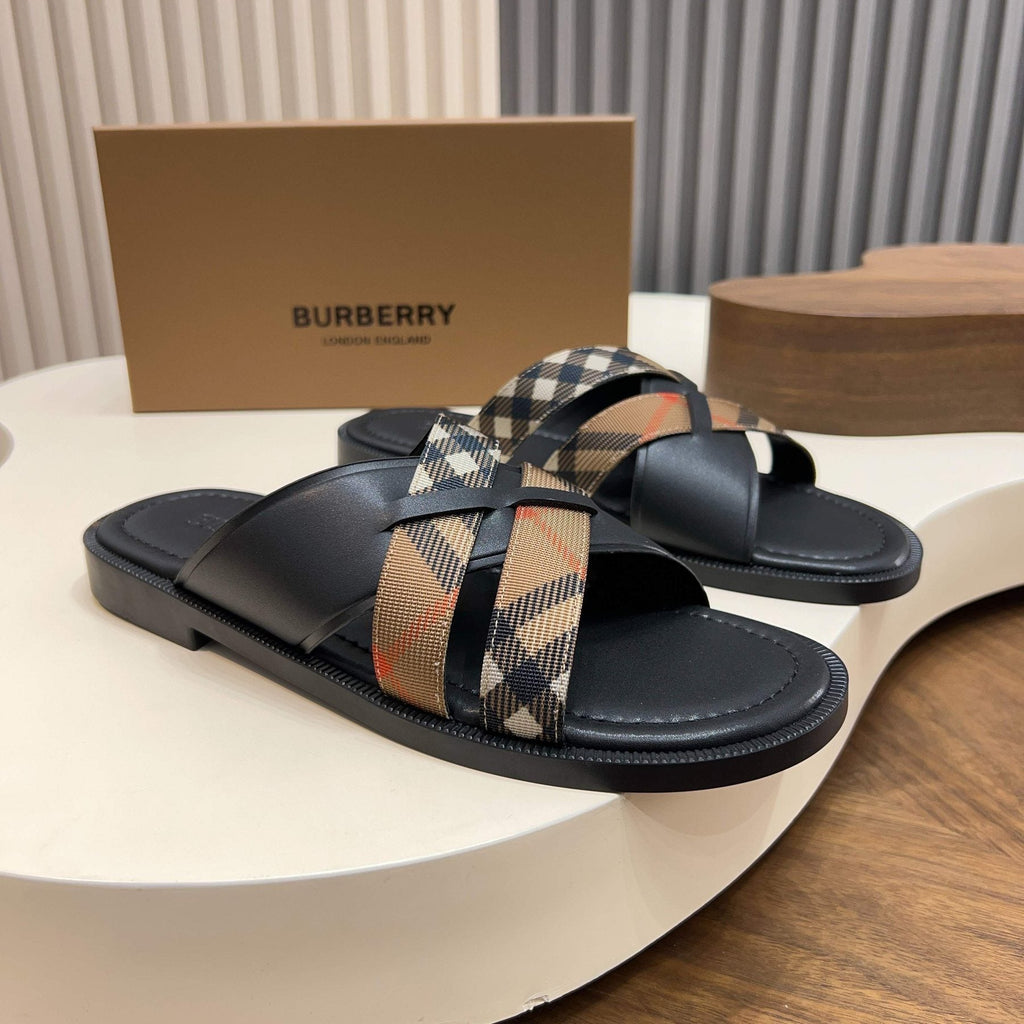 Burberry Plaid Cross-Strap Slide Sandals - Contoured Footbed