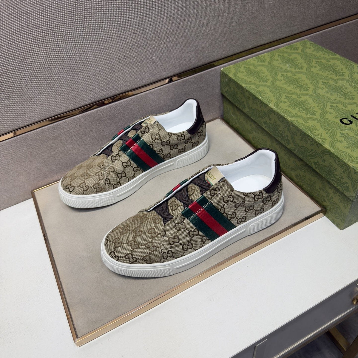 Gucci Men’s Monogram Web Slip-On Shoes