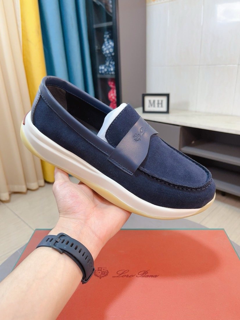 Loro Piana Navy Blue Contrast-Strap Loafers