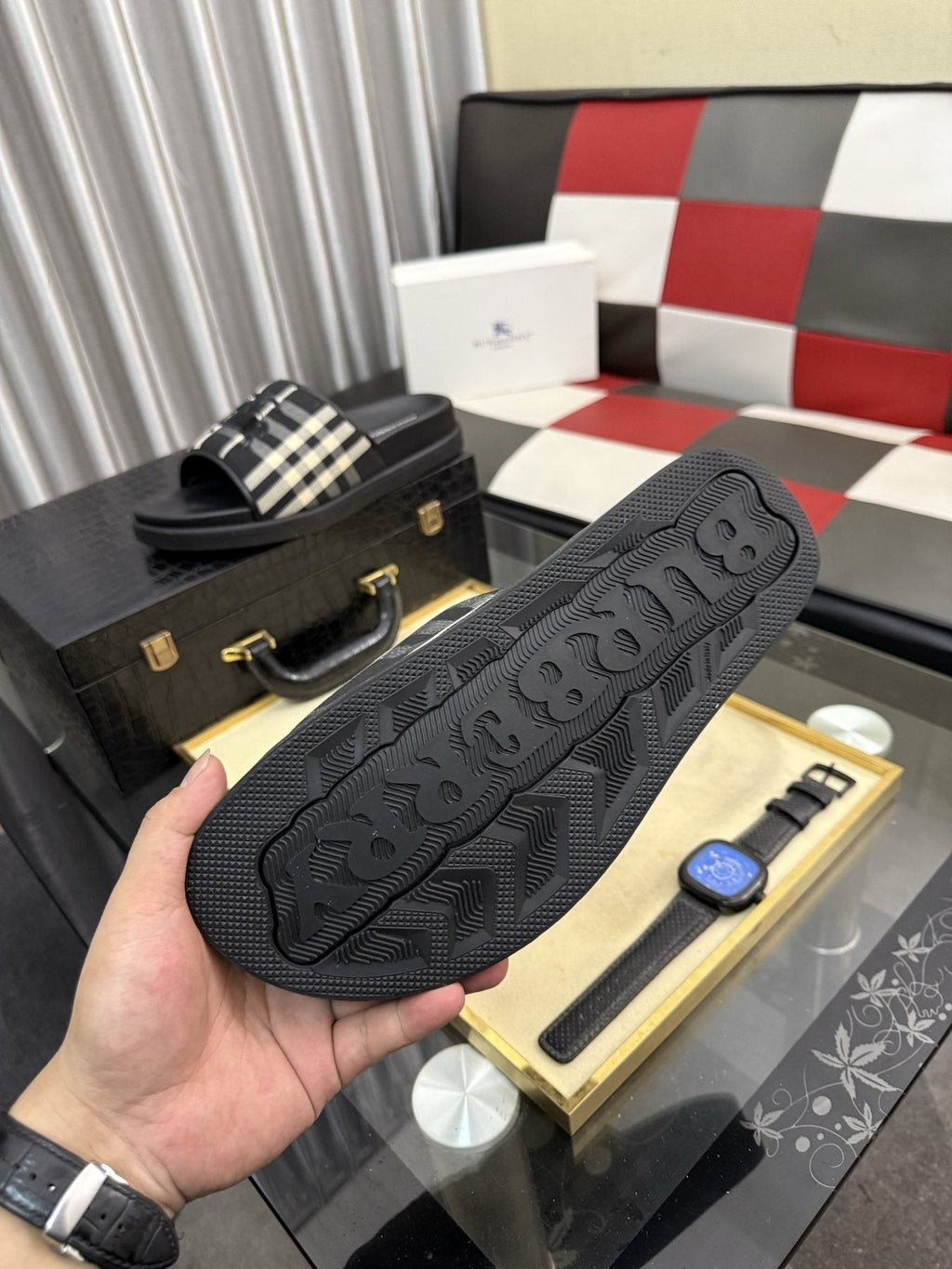 Burberry Plaid Horse Motif Slide Sandals