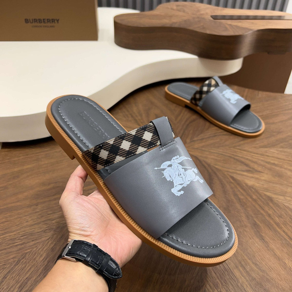 Burberry Checked Accent Slide Sandals