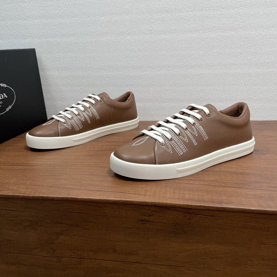 Prada Men's Low-Top Lace-Up Sneakers - Visible Stitched Upper Details